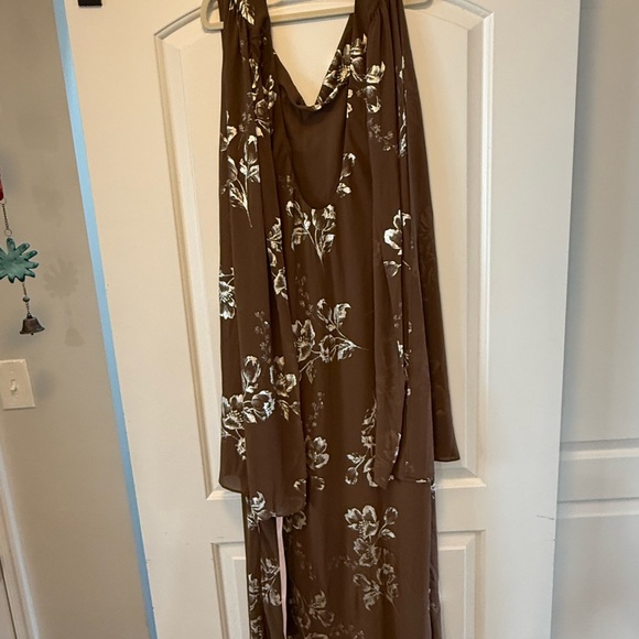 Lulus Sidonia Brown And Gold Floral Cowl Sash Maxi Dress - Size L - Picture 3 of 4